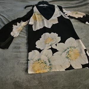 Floral Black Shoulder Off Dress with Long Sleeves, Marciano